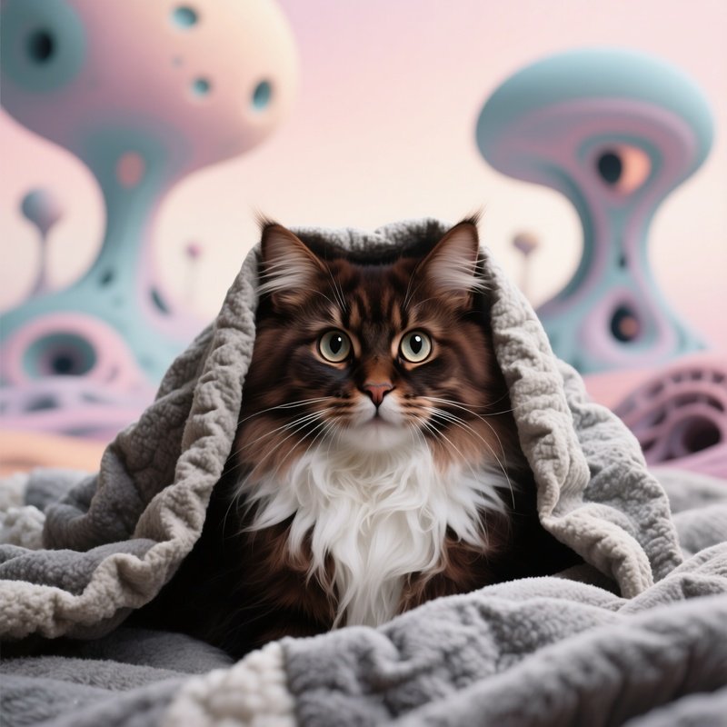 A Surreal Scene Of A Cat Maine Coon Peeping Out From Under Blanket