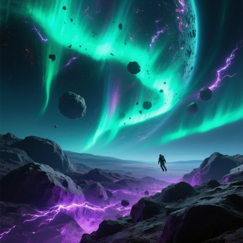 A Sweeping Vista Of An Asteroid Belt Illuminated By Aurora‑Like Ribbons Of Charged Particles,