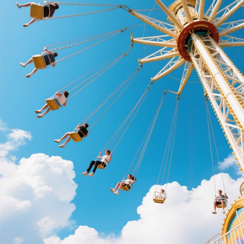 A Swing Ride Spinning High Above The Ground With Legs Dangling Against The Clouds