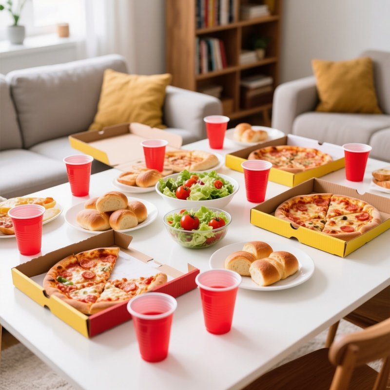 A Table Set For A Casual Meal Or Gathering Food Pizza
