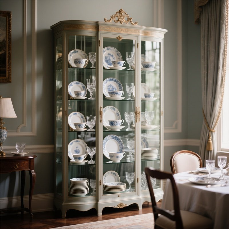 A Tall, Elegant Glass Display Cabinet Filled With Antique China, Porcelain Plates, And Crystal Glassware, Standing Proudly In A Formal Dining Room.