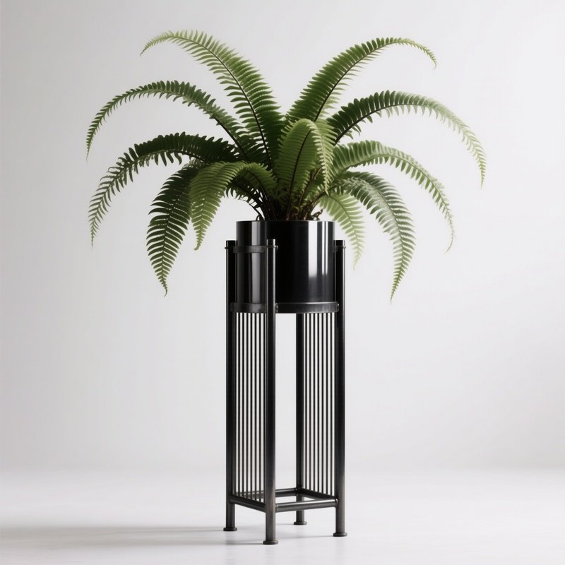 A Tall Plant Stand Made Of Black Metal Holding A Large Fern