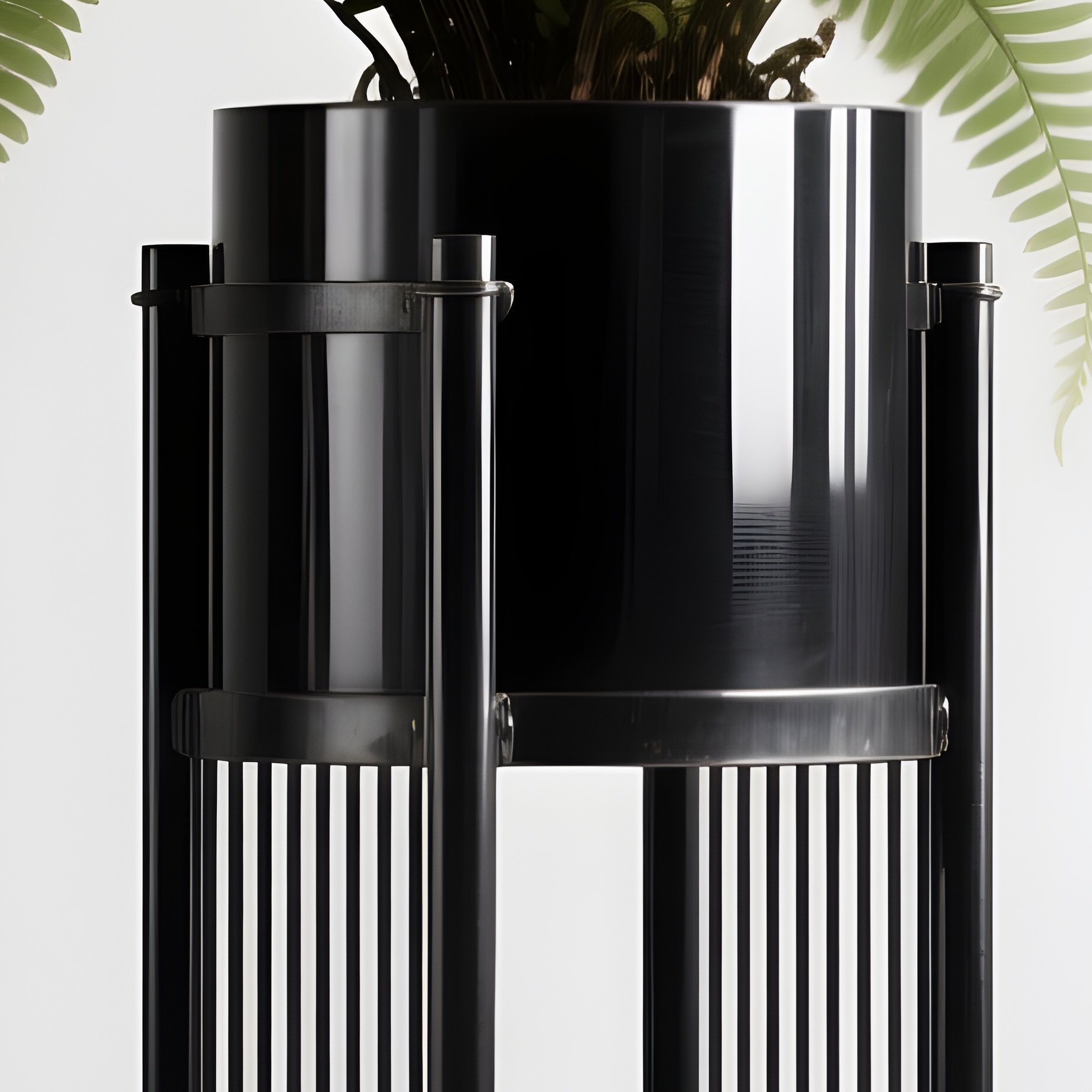 A Tall Plant Stand Made Of Black Metal Holding A Large Fern - Full Resolution Quality Preview
