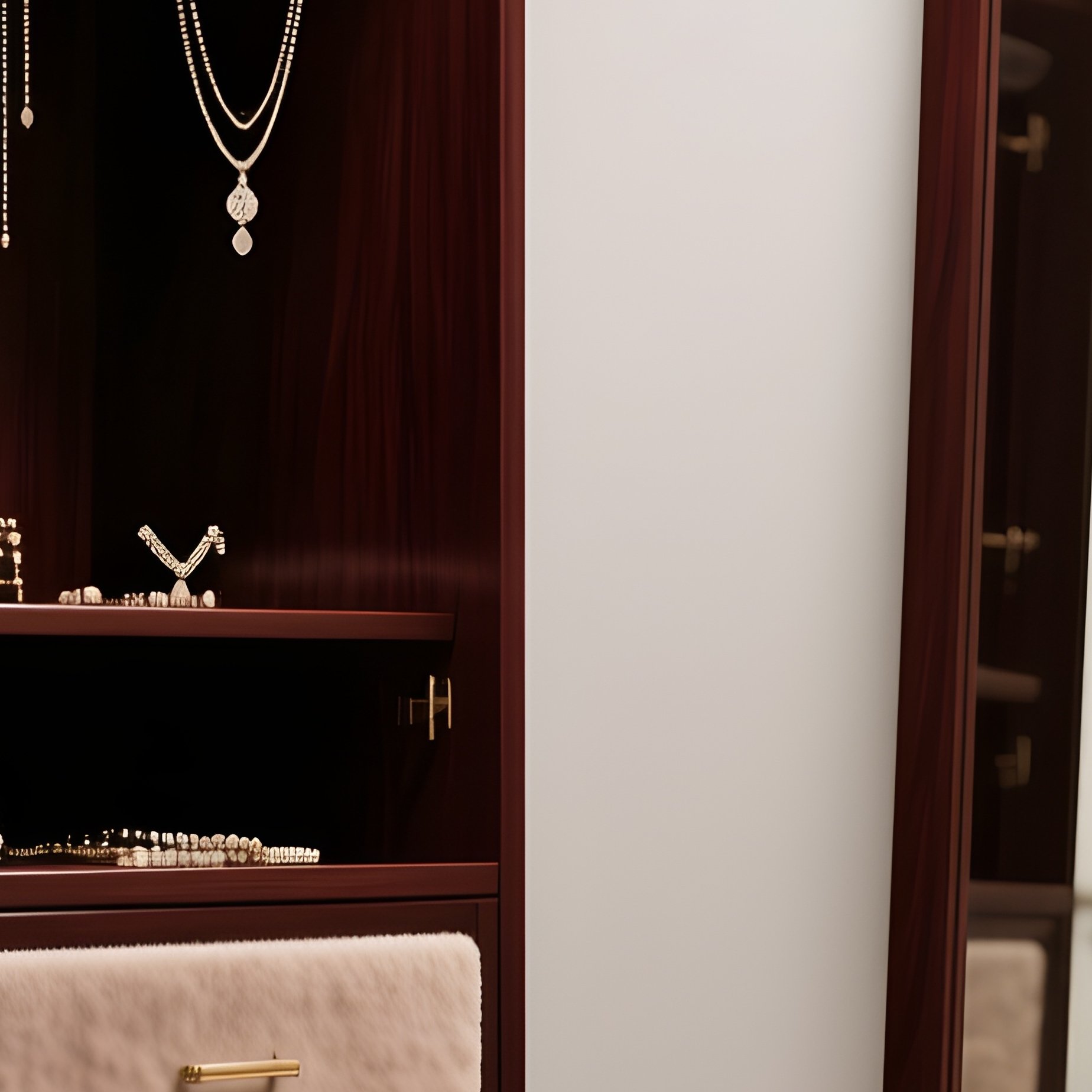 A Tall, Slender Jewelry Armoire Made Of Dark Cherry Wood With Felt Lined Drawers, Standing Next To A Full Length Floor Mirror In A Dressing Area. - Full Resolution Quality Preview