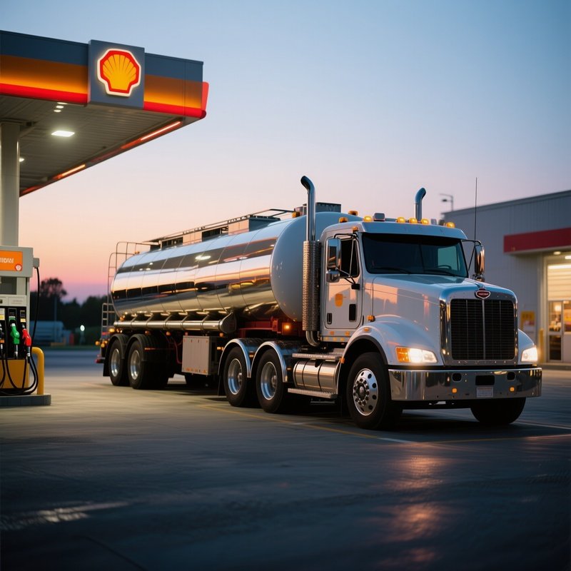 A Tanker Truck Reflecting Evening Light While Parked At A Fuel Depot