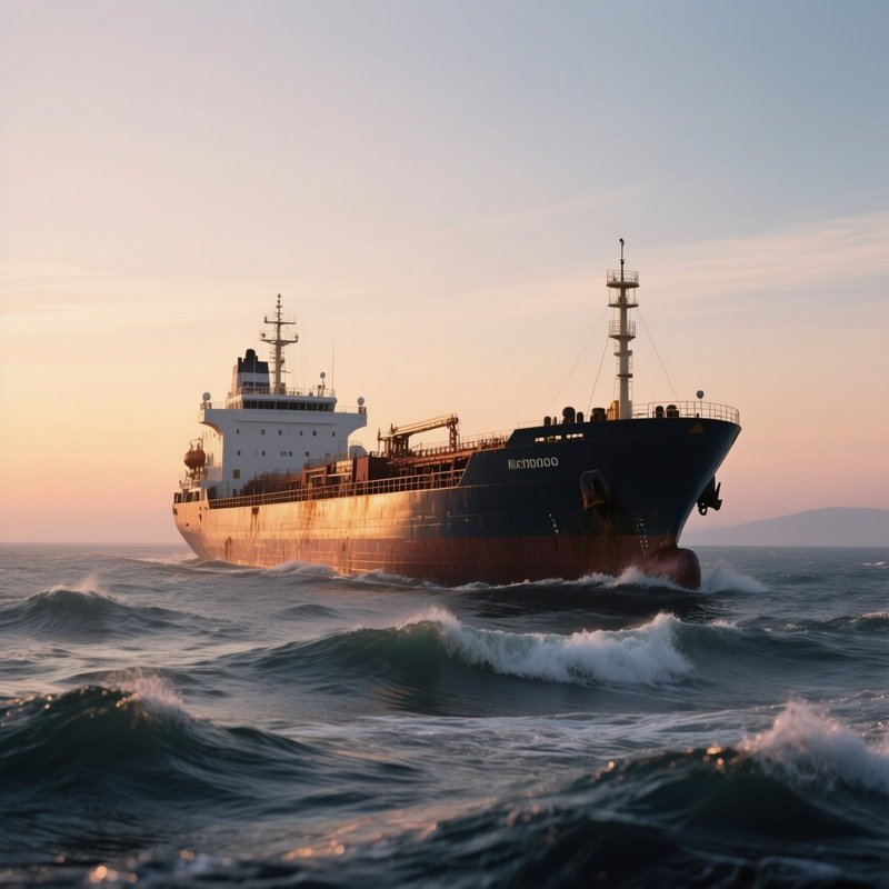 A Tanker Vessel Anchored Amid Gentle Rolling Waves During Dusk