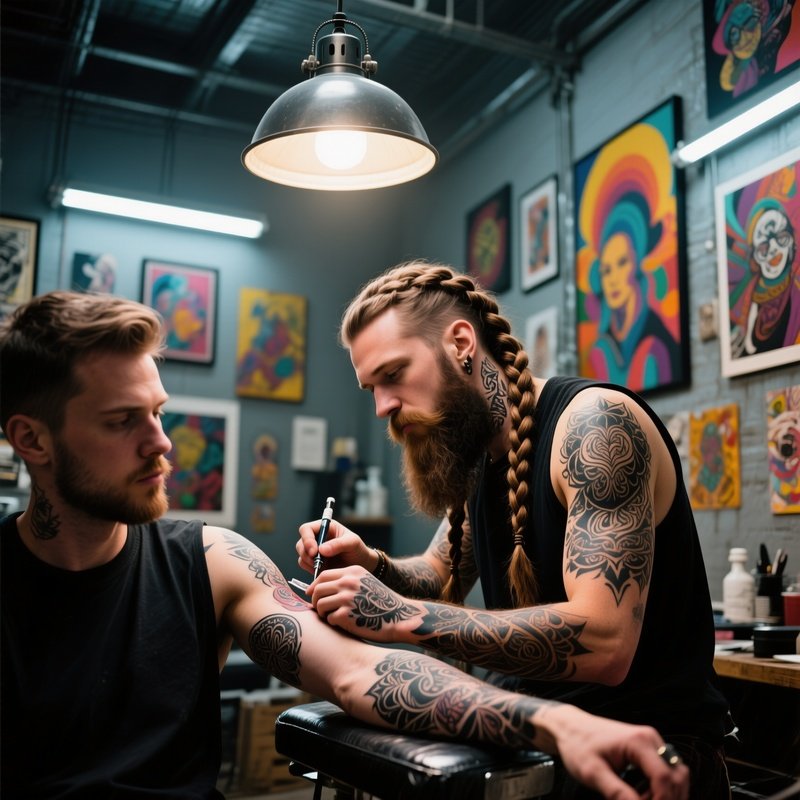 A Tattoo Artist With Intricate Ink Designs On His Long Braided Beard Works On A Client’S Arm Under