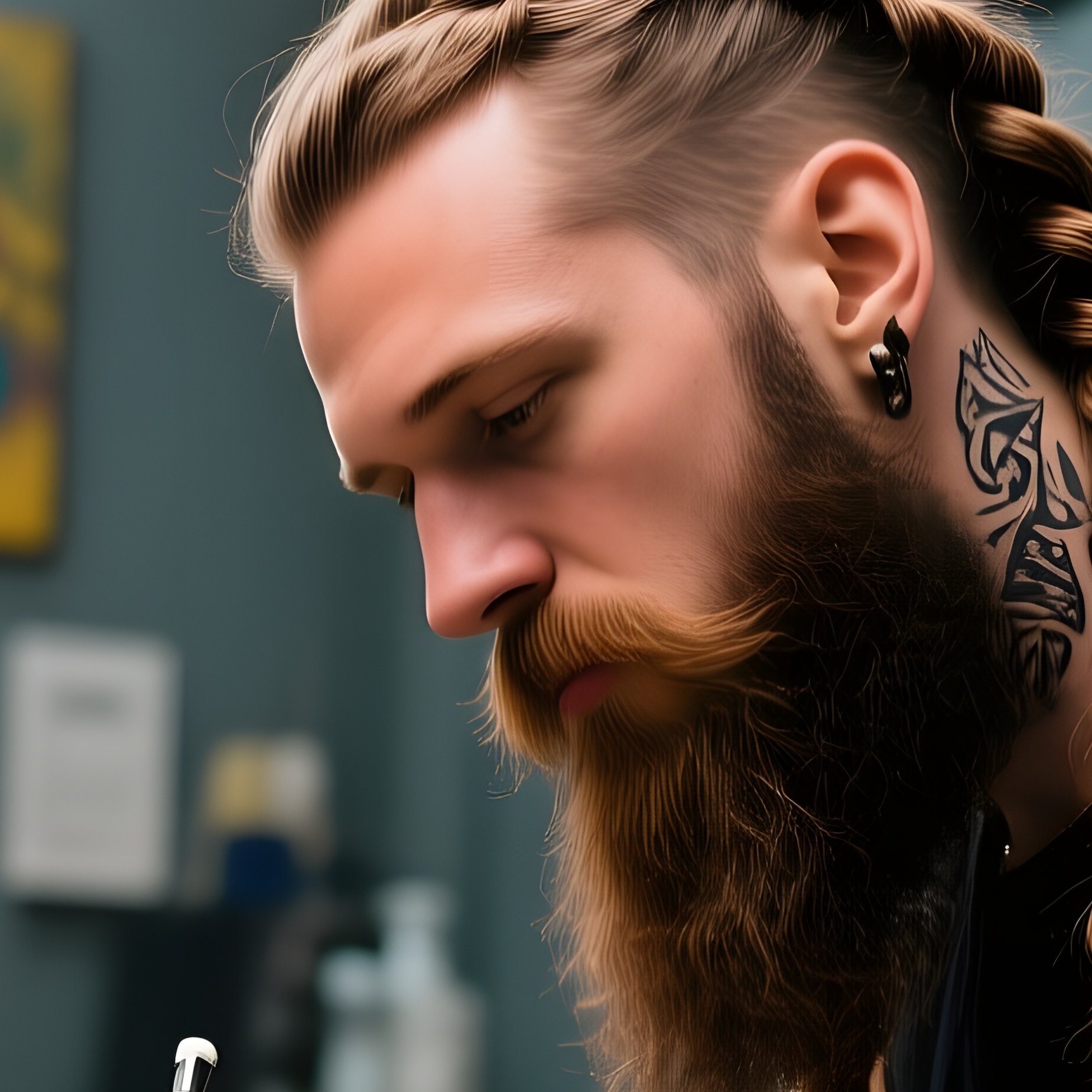 A Tattoo Artist With Intricate Ink Designs On His Long Braided Beard Works On A Client’S Arm Under - Full Resolution Quality Preview