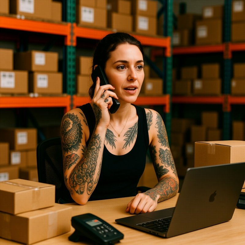 A Tattooed Woman Working In A Warehouse Office Warehouse Office