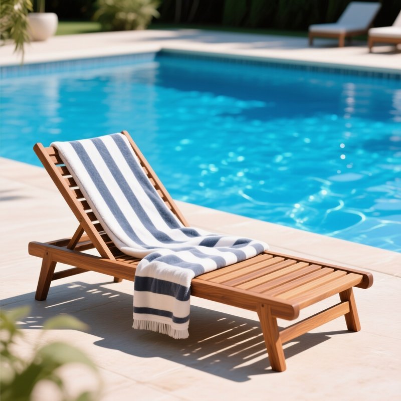 A Teak Wooden Sun Lounger With A Striped Towel Draped Over It, Positioned Next To A Sparkling Blue Swimming Pool On A Hot, Sunny Day.
