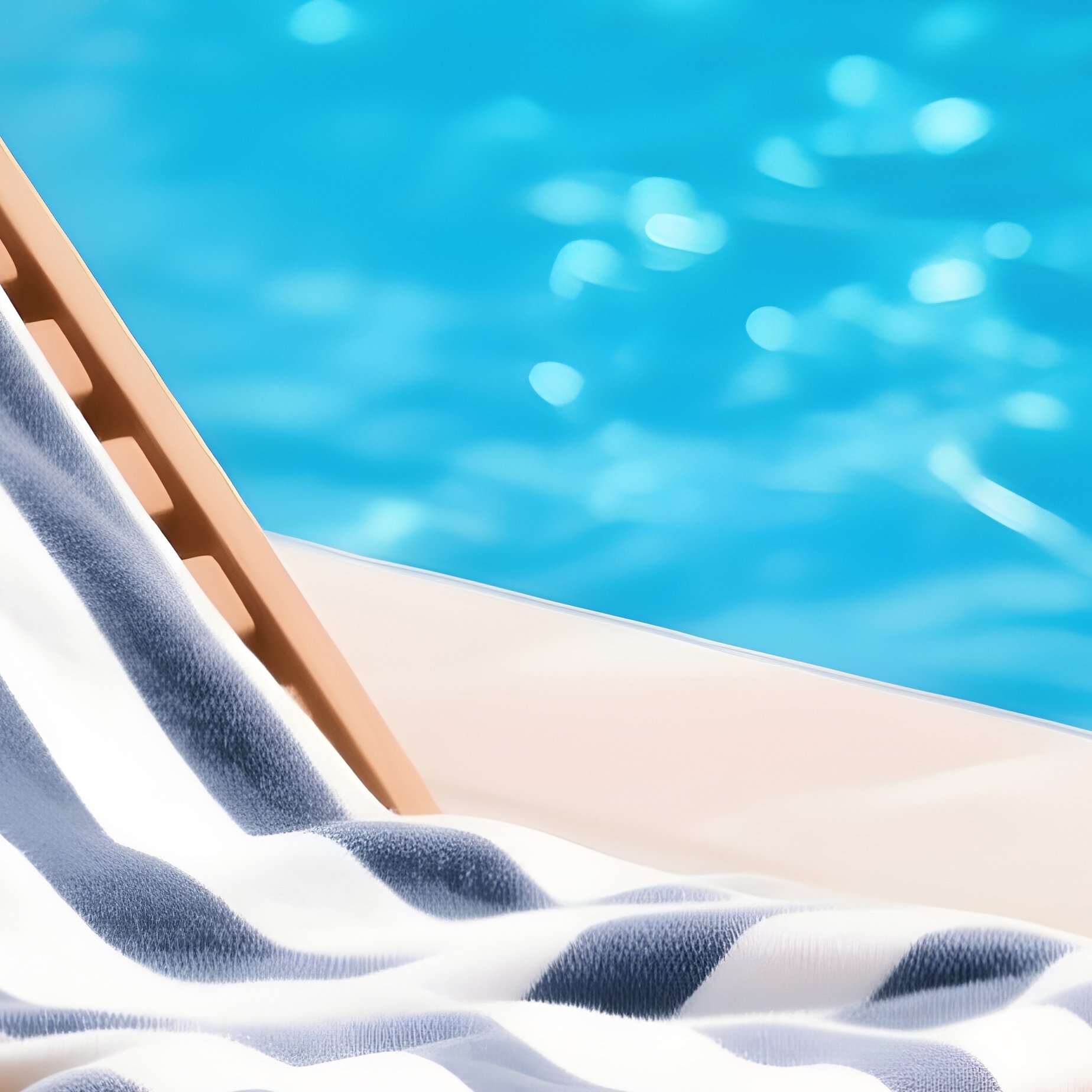 A Teak Wooden Sun Lounger With A Striped Towel Draped Over It, Positioned Next To A Sparkling Blue Swimming Pool On A Hot, Sunny Day. - Full Resolution Quality Preview