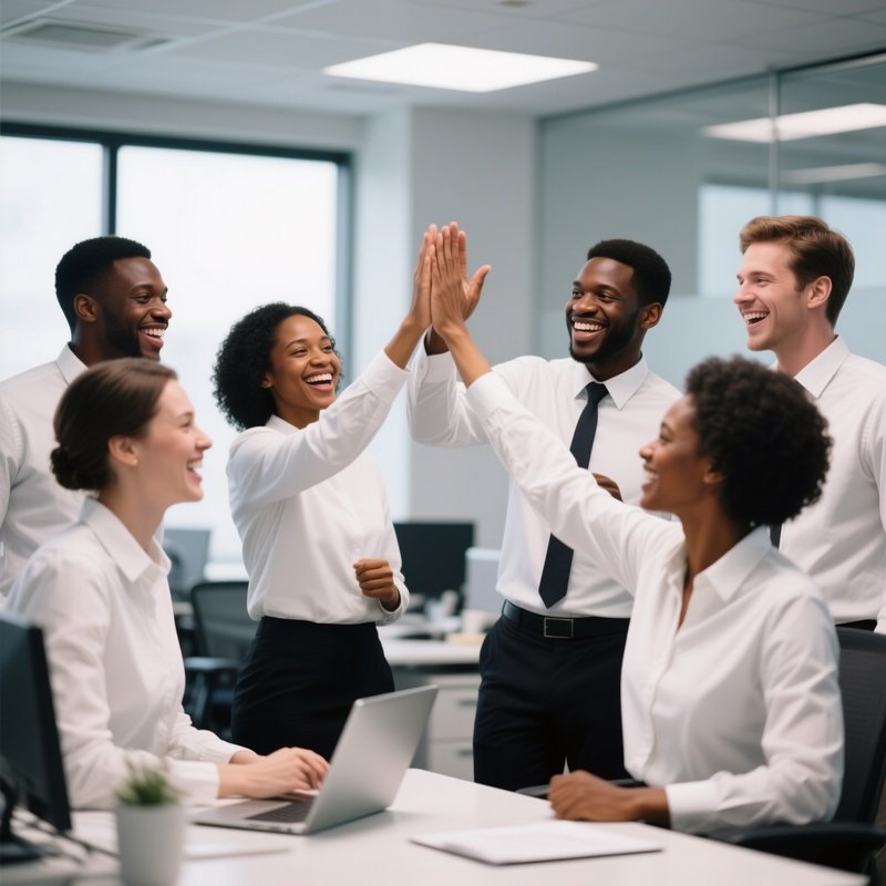 A Team Of White And Black Coworkers Celebrating Success With A High Five In The Office.