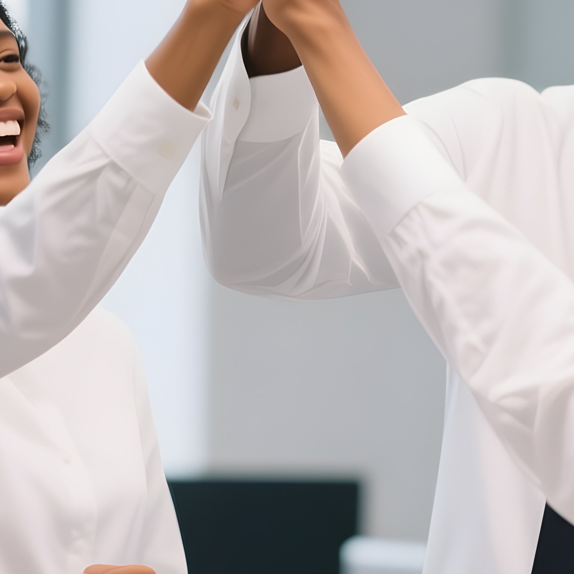 A Team Of White And Black Coworkers Celebrating Success With A High Five In The Office. - Full Resolution Quality Preview