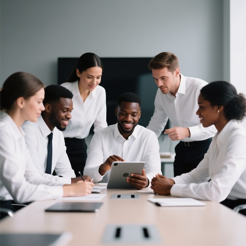 A Team Of White And Black Professionals Working Together On A Tablet During A Meeting.