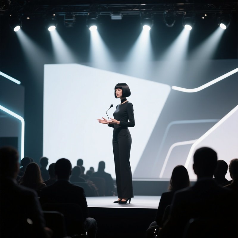 A Tech Conference Speaker With A Sharp Bob Presents On Stage Under Bright Spotlights, Sleek Modern