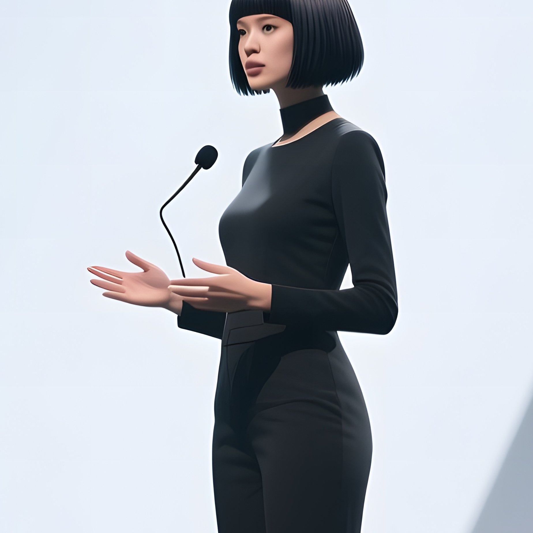 A Tech Conference Speaker With A Sharp Bob Presents On Stage Under Bright Spotlights, Sleek Modern - Full Resolution Quality Preview