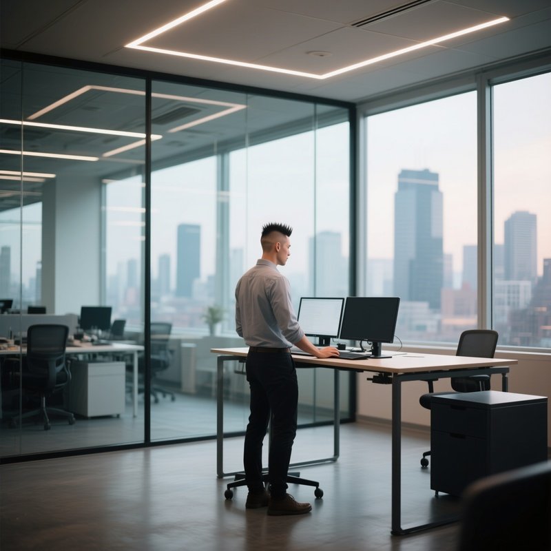 A Tech Startup Founder With A Sharp Undercut Works At A Standing Desk In An Open‑Plan Office, Large