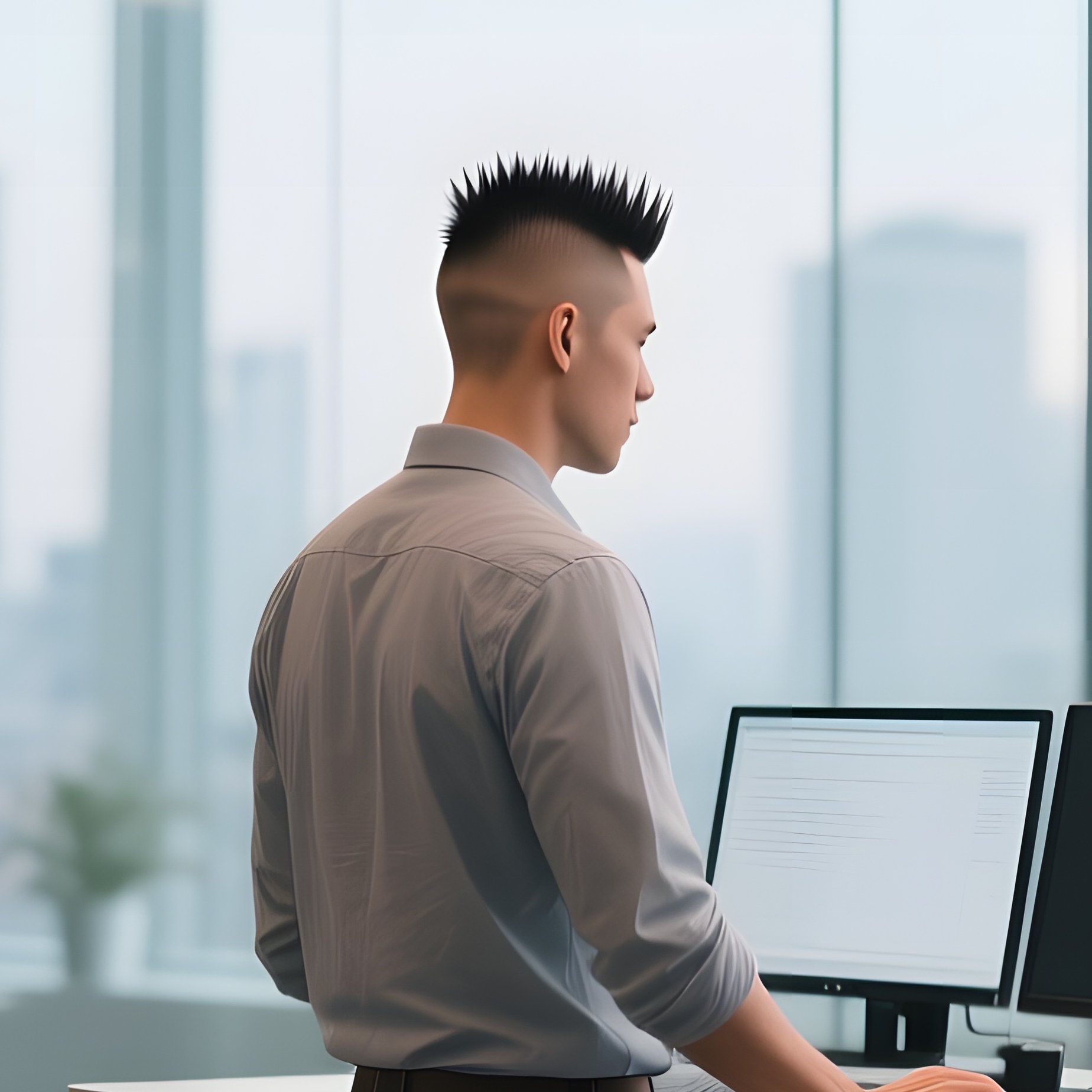 A Tech Startup Founder With A Sharp Undercut Works At A Standing Desk In An Open‑Plan Office, Large - Full Resolution Quality Preview