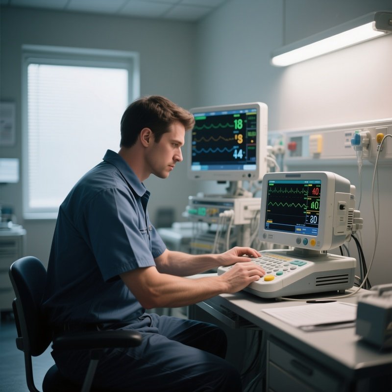 A Technician Calibrating A Heart Monitor In A Quiet Room
