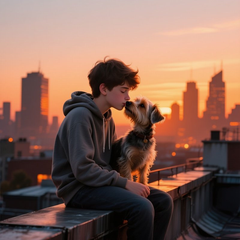 A Teenage Boy In A Hoodie Sitting On A Rooftop Edge At Sunset, Giving His Small Terrier A Gentle
