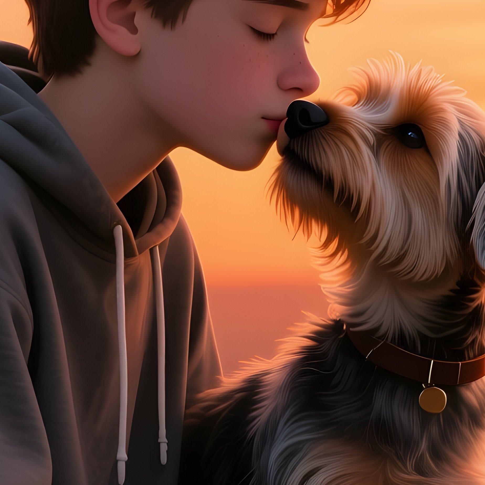 A Teenage Boy In A Hoodie Sitting On A Rooftop Edge At Sunset, Giving His Small Terrier A Gentle - Full Resolution Quality Preview