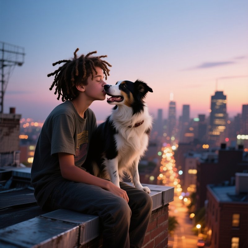 A Teenage Boy With Dreadlocks Sitting On A Rooftop Edge At Dusk, Sharing A Playful Kiss With His