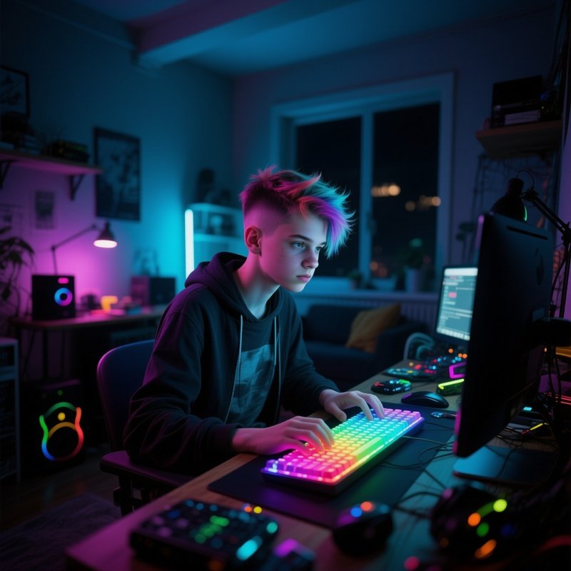 A Teenage Coder With Dyed Hair Undercuts Works Late Into The Night In A Dimly Lit Loft, Rgb