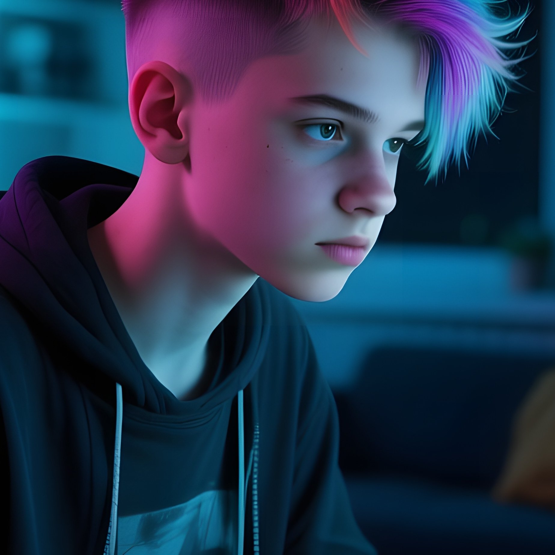 A Teenage Coder With Dyed Hair Undercuts Works Late Into The Night In A Dimly Lit Loft, Rgb - Full Resolution Quality Preview