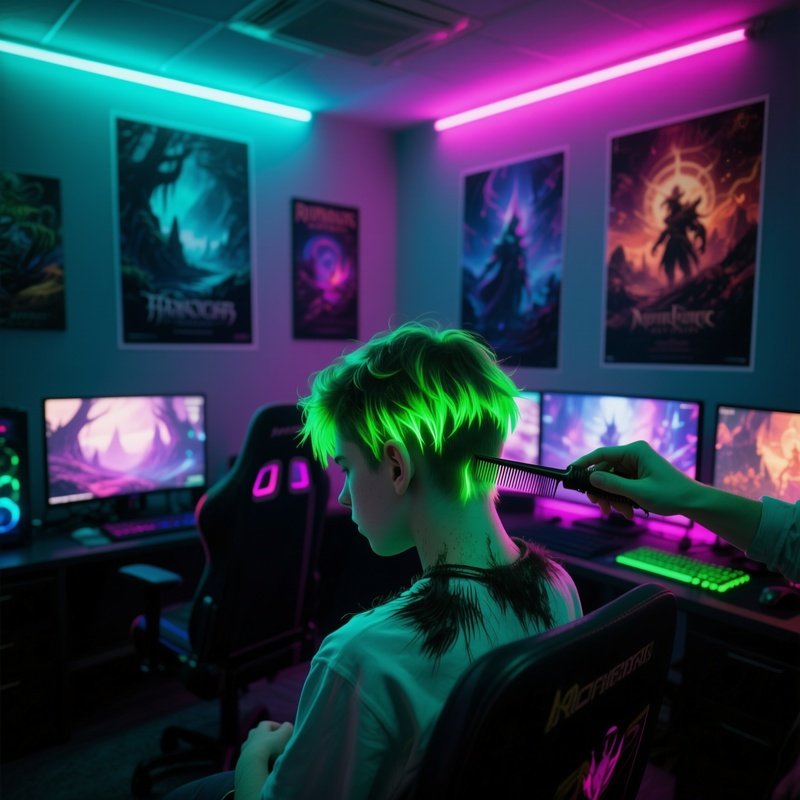 A Teenage Gamer With Neon Green Highlights Gets A Quick Trim In A Dimly Lit Gaming Den, Rgb