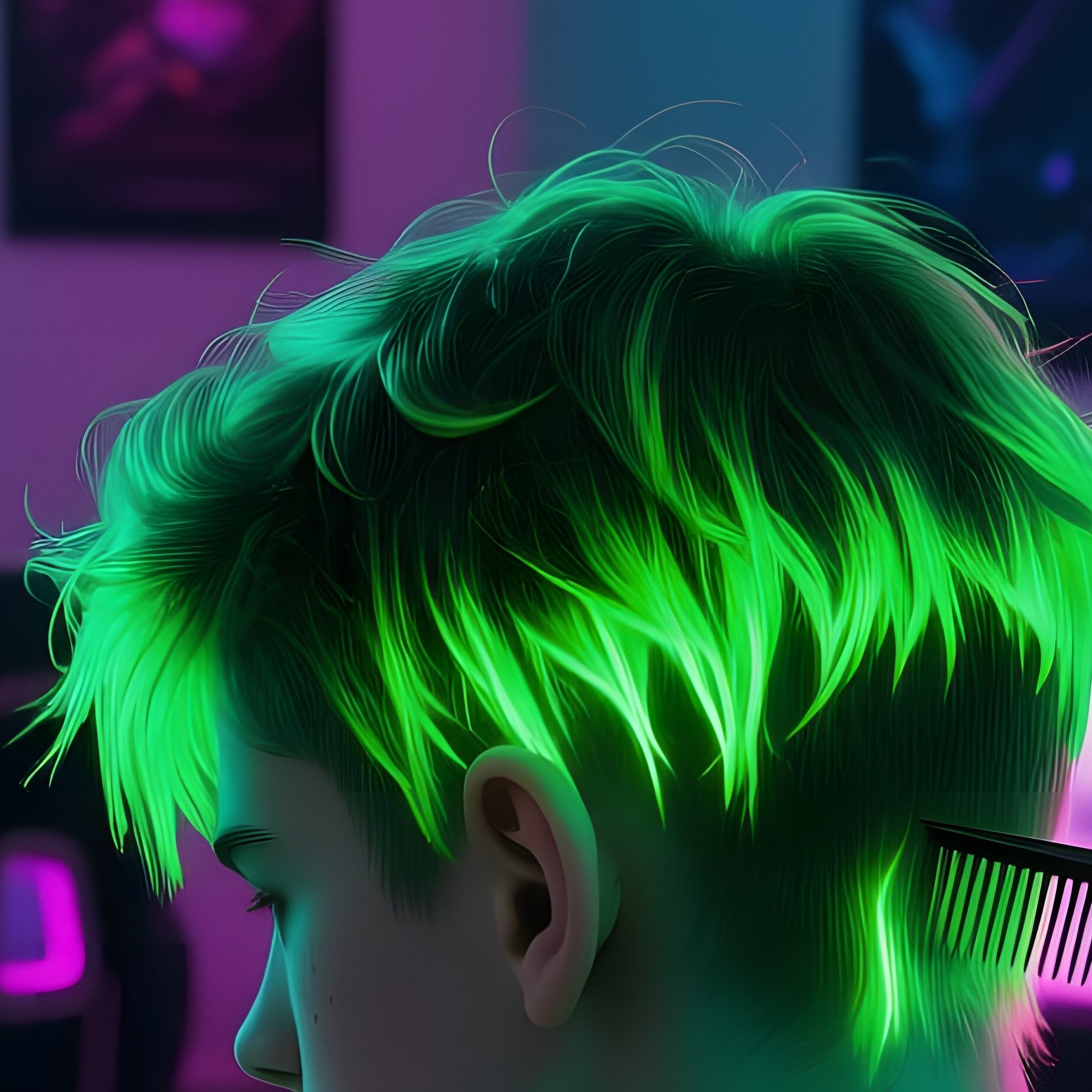 A Teenage Gamer With Neon Green Highlights Gets A Quick Trim In A Dimly Lit Gaming Den, Rgb - Full Resolution Quality Preview