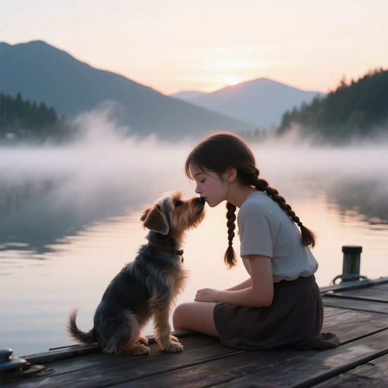 A Teenage Girl With Braids Sitting On A Dock At Sunrise, Gently Kissing Her Small Terrier’S Nose