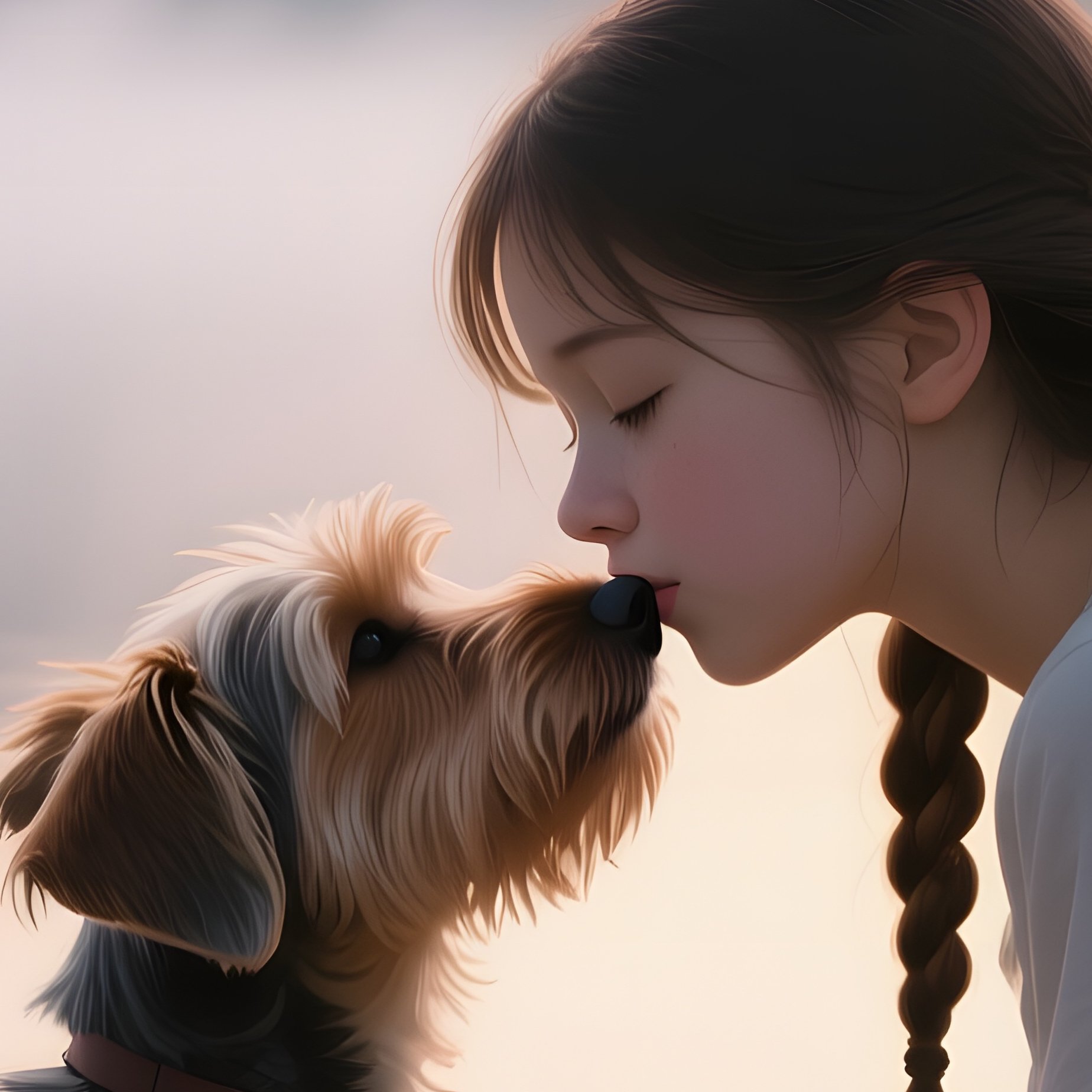A Teenage Girl With Braids Sitting On A Dock At Sunrise, Gently Kissing Her Small Terrier’S Nose - Full Resolution Quality Preview