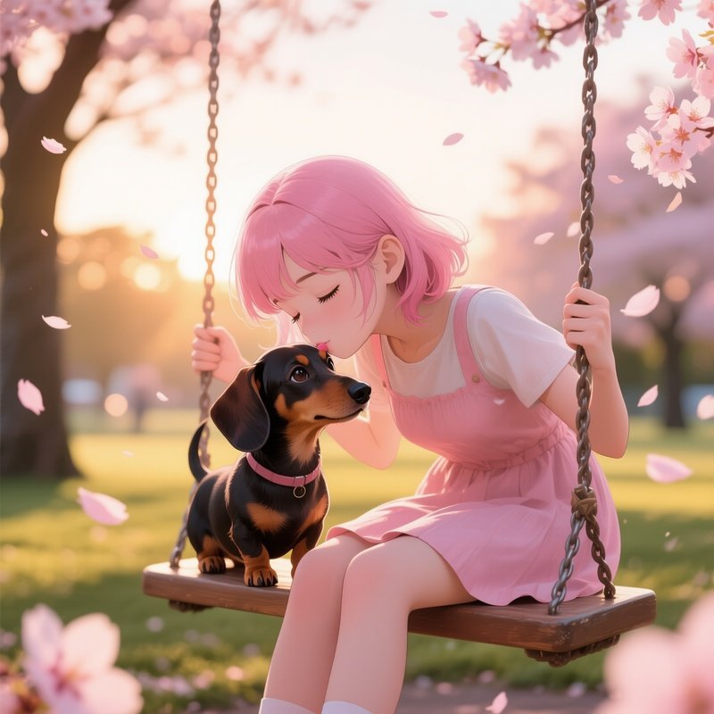 A Teenage Girl With Pink Hair Sitting On A Park Swing At Golden Hour, Leaning Down To Kiss Her Tiny