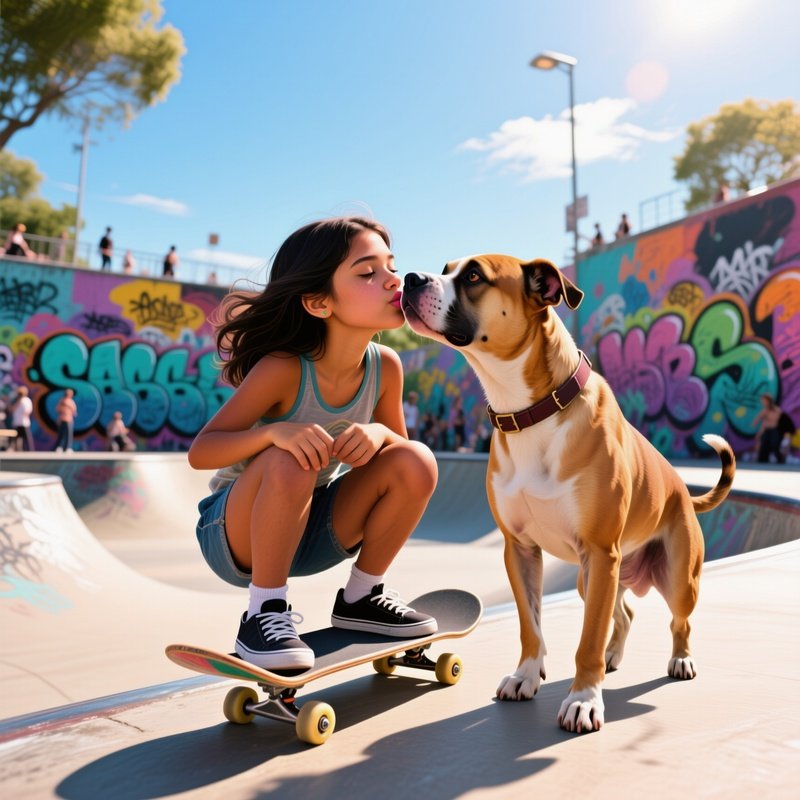 A Teenage Latina Skateboarder Pausing Mid Trick To Plant A Quick Kiss On Her Energetic Pit Bull’S