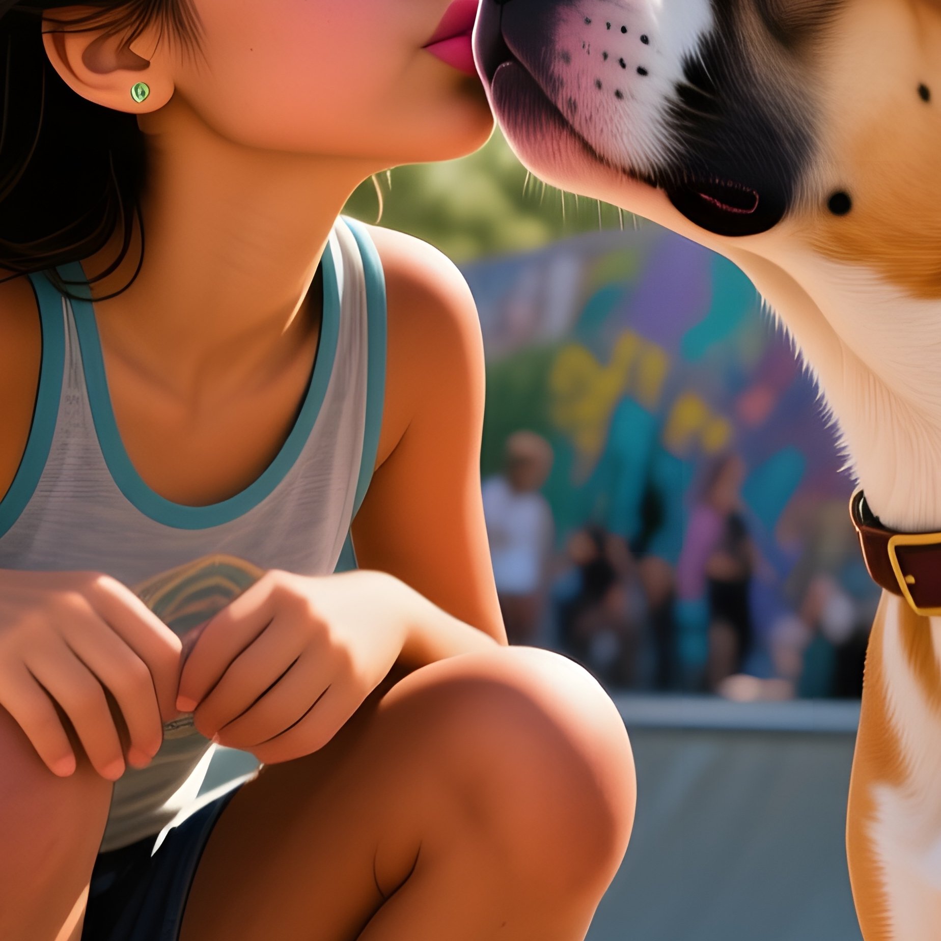 A Teenage Latina Skateboarder Pausing Mid Trick To Plant A Quick Kiss On Her Energetic Pit Bull’S - Full Resolution Quality Preview