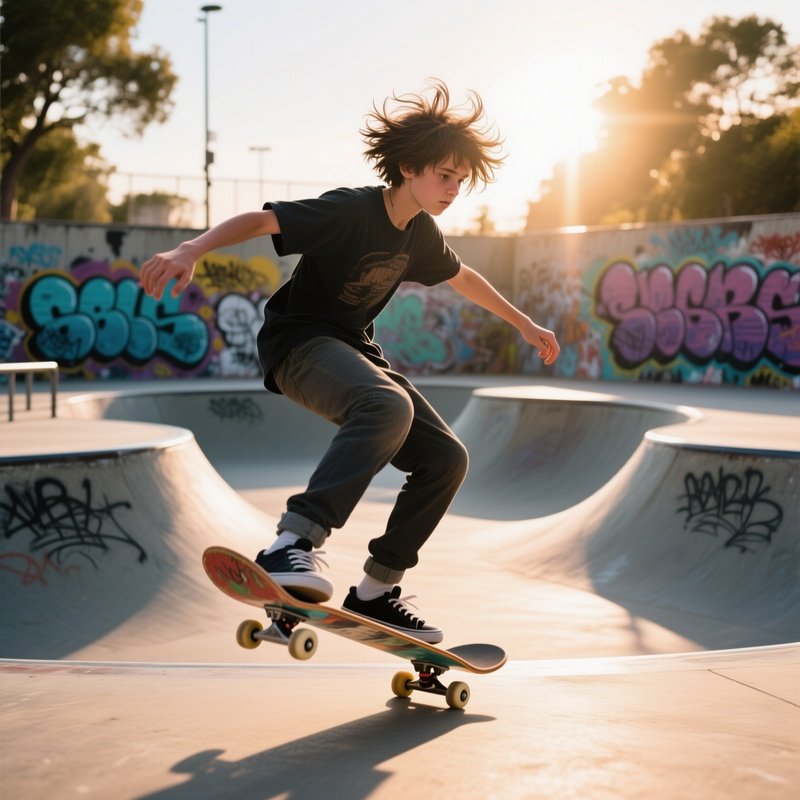 A Teenage Skateboarder With A Messy Shag Haircut Performs Tricks At A Sunlit Skate Park, Graffiti