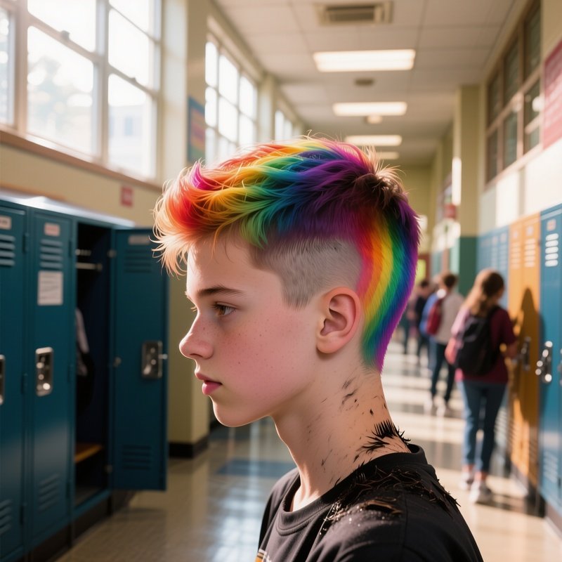A Teenager With Rainbow‑Dyed Undercut Gets A Fresh Trim In A Bustling High School Hallway, Lockers