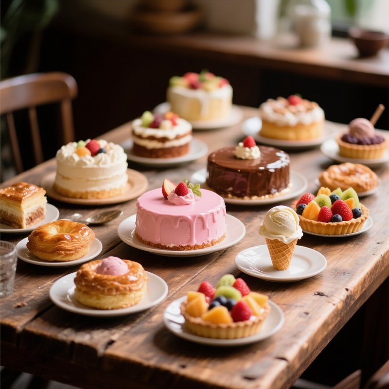 A Tempting Variety Of Desserts On A Wooden Table