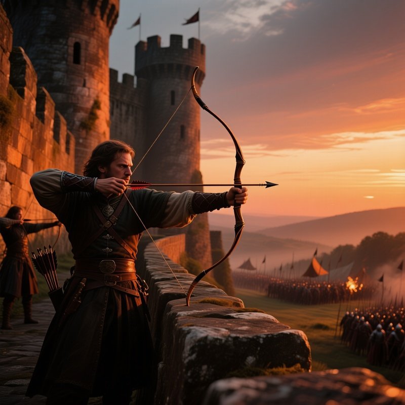 A Tense Moment At Twilight On A Castle Rampart, With Archers Nocking Arrows In Their Longbows, The