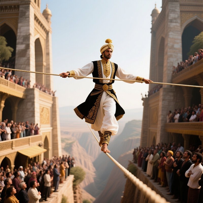 A Tightrope Walker Balancing Gracefully High Above The Crowd