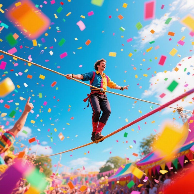A Tightrope Walker Pausing Mid Line As Confetti Rains From Above