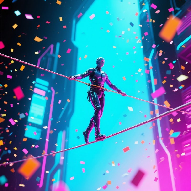 A Tightrope Walker Pausing Mid Line As Confetti Rains From Above Science Fiction