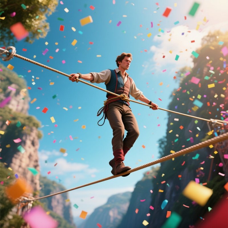 A Tightrope Walker Pausing Mid Line As Confetti Rains From Above Photorealistic