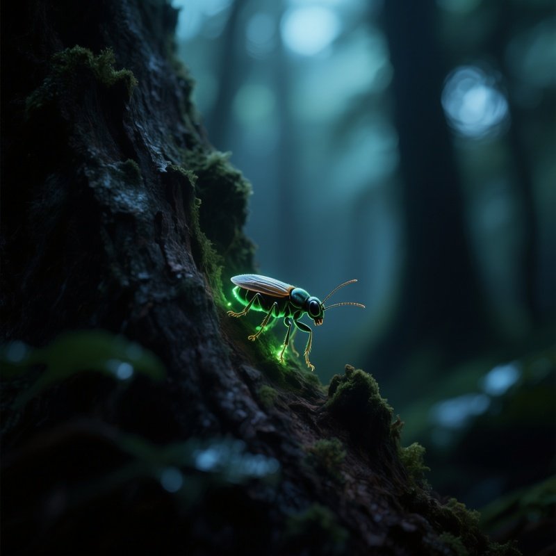 A Tiny Bioluminescent Insect Glowing Inside Dark Forest Bark.