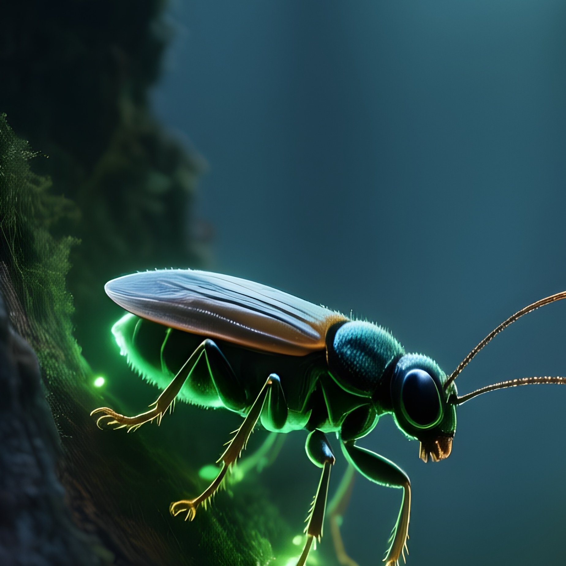 A Tiny Bioluminescent Insect Glowing Inside Dark Forest Bark. - Full Resolution Quality Preview
