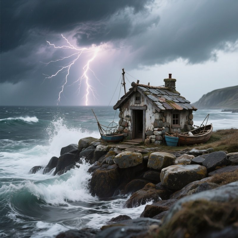 A Tiny Fisherman'S Shack Of Rough Sea‑Worn Stones Rests On A Rocky Inlet, Waves Crashing Against