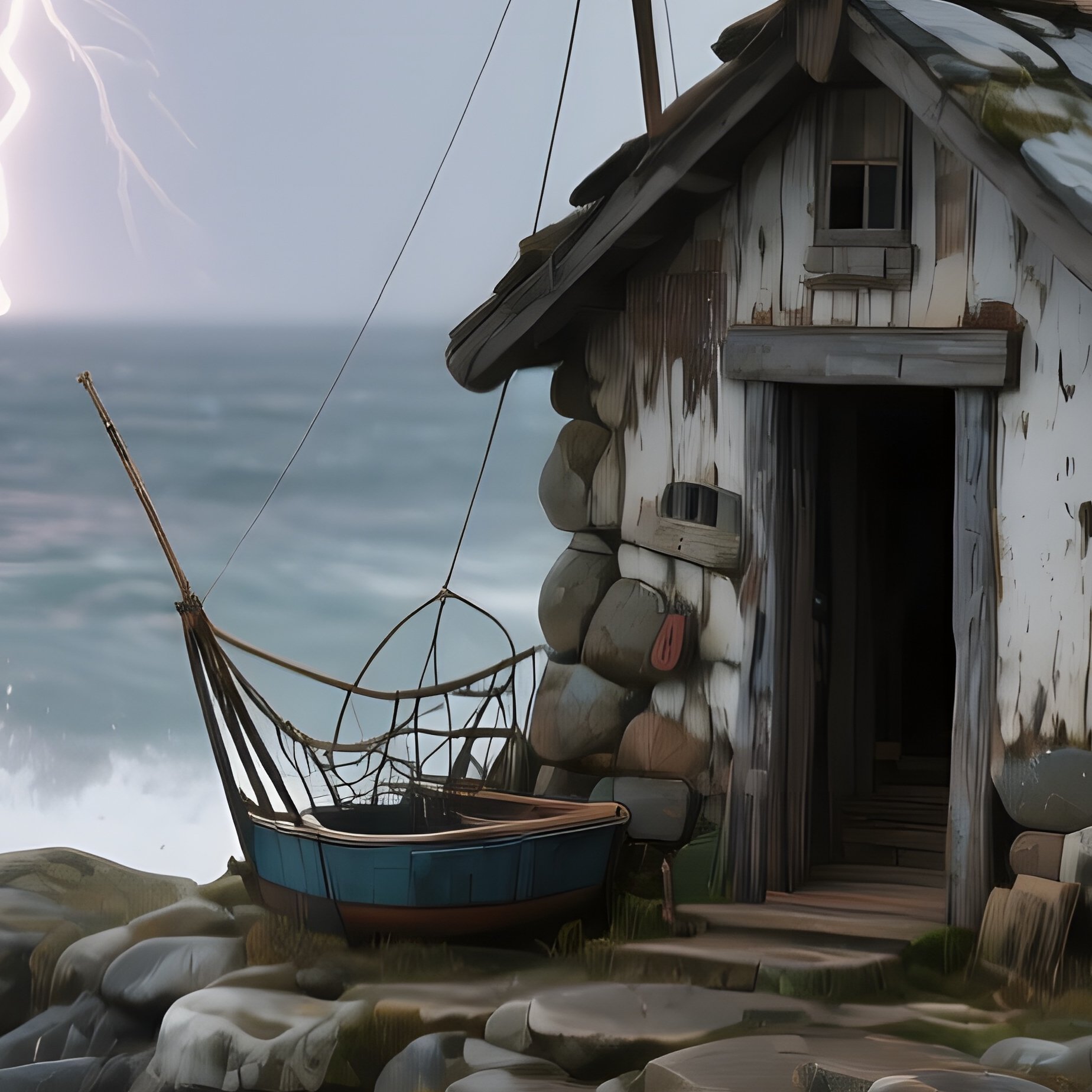 A Tiny Fisherman'S Shack Of Rough Sea‑Worn Stones Rests On A Rocky Inlet, Waves Crashing Against - Full Resolution Quality Preview