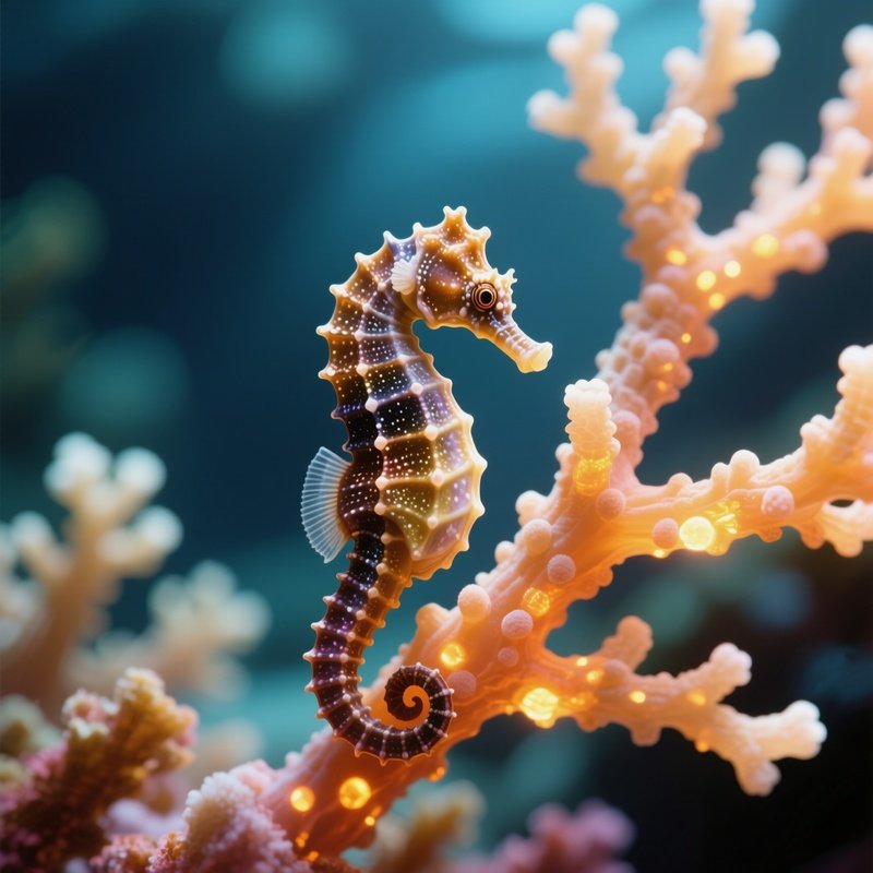 A Tiny Seahorse Clinging To Glowing Coral Branches.