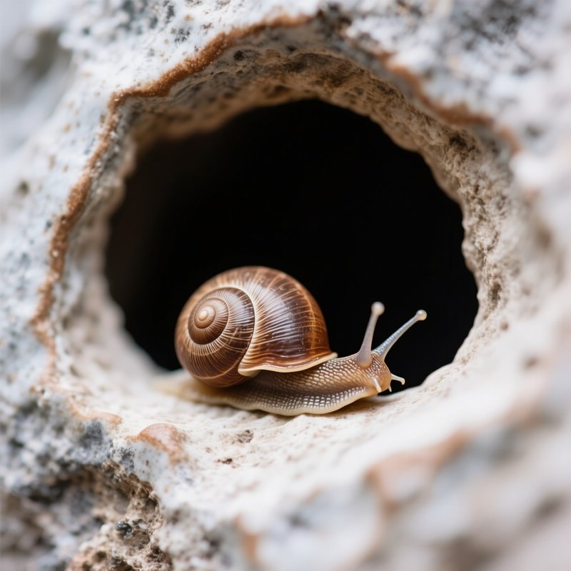 A Tiny Snail Crawling Across A Ceramic Cave Entrance
