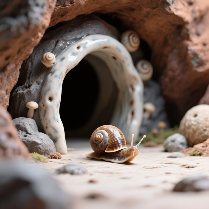 A Tiny Snail Crawling Across A Ceramic Cave Entrance Digital Art